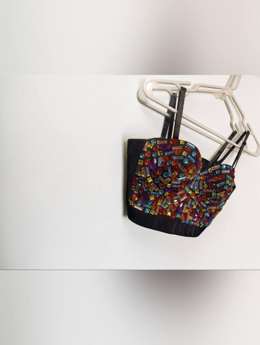 Embellished Black Crop Top/Bralette with Multicolor Gemstones Sparkly Crystals